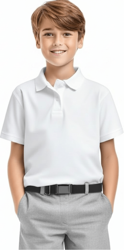 A young boy wearing a white short-sleeve polo shirt tucked into light gray dress pants with a black belt.