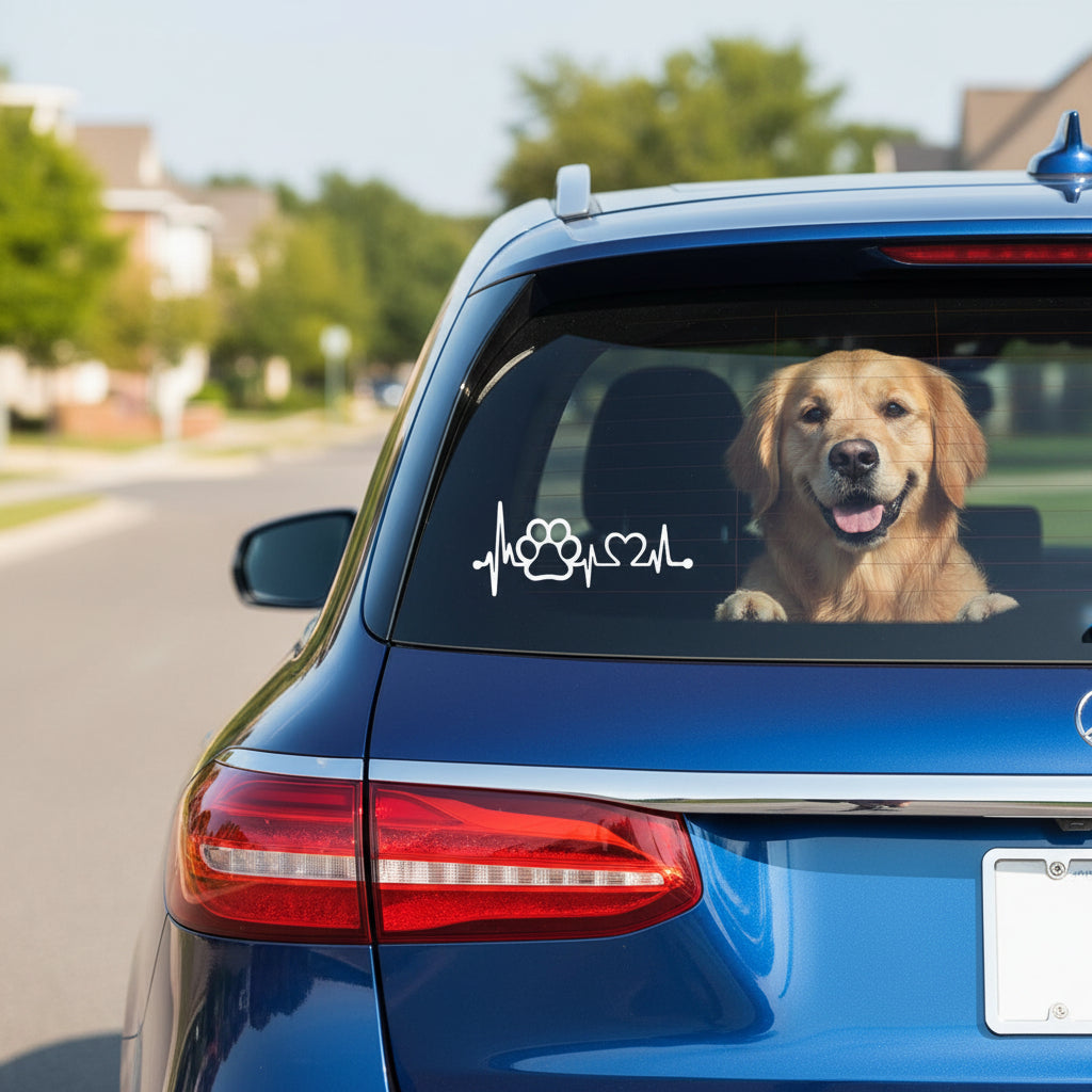 Dog looking through the back window. Pet Heartbeat Paw Print Waterproof Vinyl Car Window Decal | 6" × 2.5" Outdoor Sticker for Cars, Trucks & Laptops - Trusted Best Sellers™