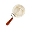 Wooden-handled tool with a white fabric inside on a white background