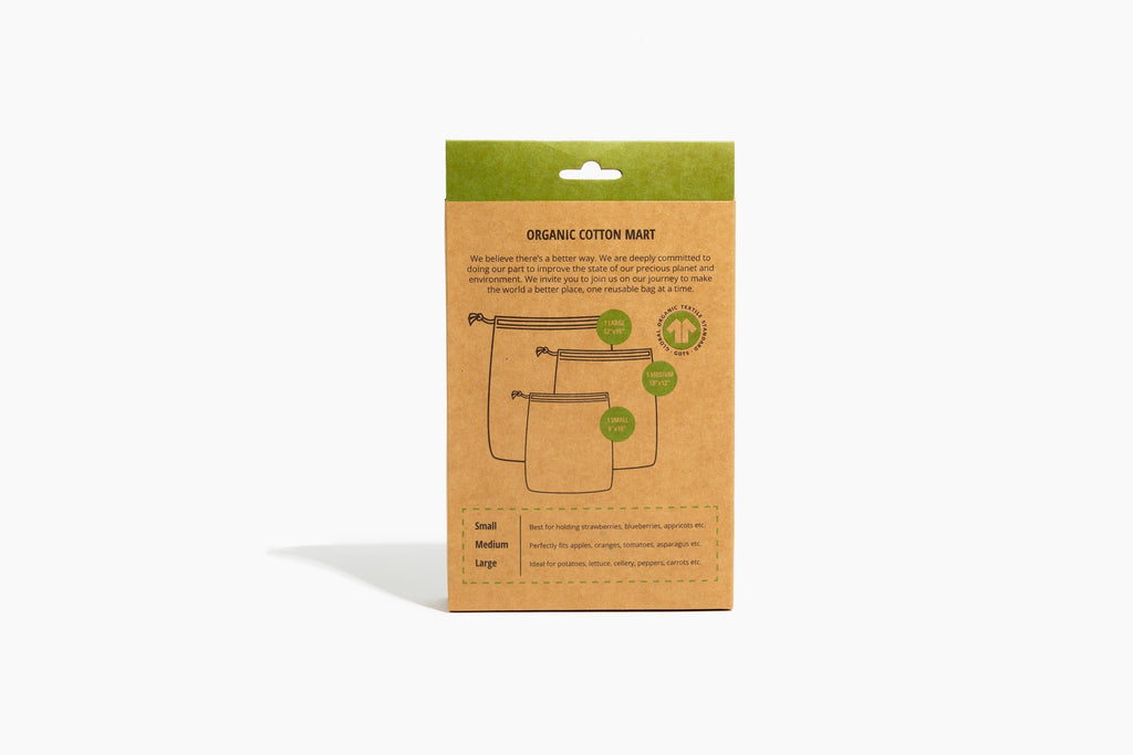 Kraft paper packaging with green accents for organic cotton bags on a white background