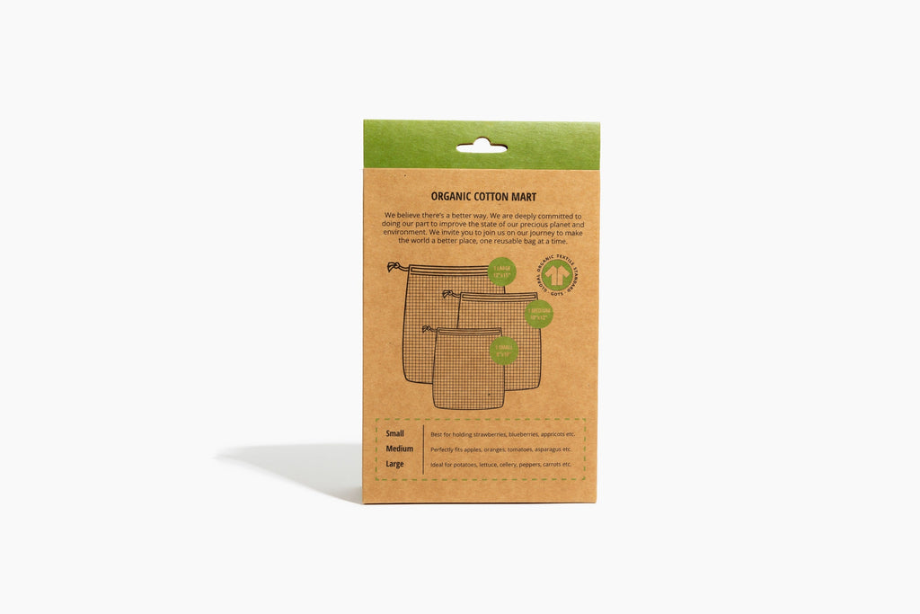 Kraft paper packaging with organic cotton bags on a white background